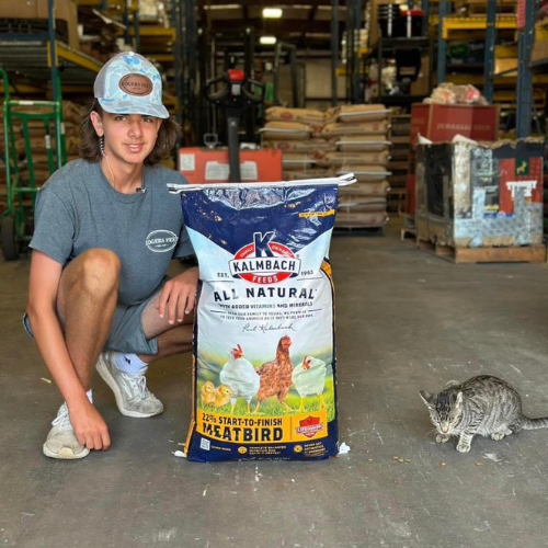 Roger's staff squatting behind a bag of chicken feed inside of the store with a cat next to them